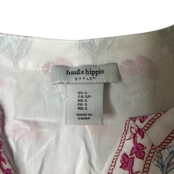 Haute Hippie Floral Long Sleeve Mini Dress Size Small White Pink Boho Cottage - Picture 4 of 6